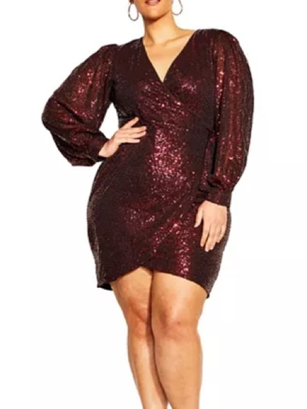 City Chic Nadia Sequin Long Sleeve Wrap Mini Dress Claret Red NWT